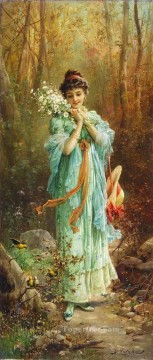 girl with flowers and birds Hans Zatzka beautiful woman lady Oil Paintings